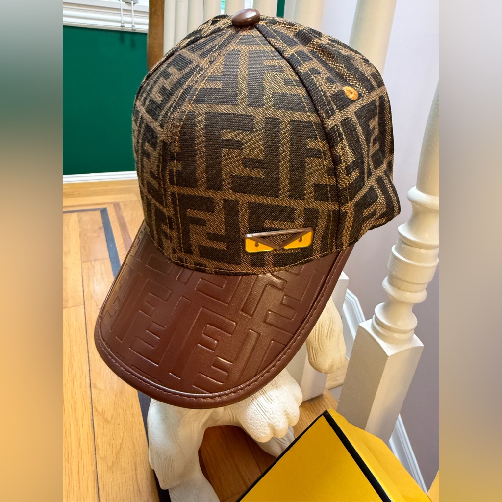 Fendi Tan Monogram Cap With Leather Embossed Bill And Gold Eye Accent